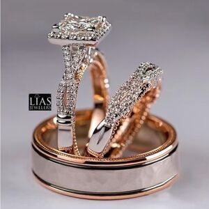 New 18k Rose and White Gold filled Wedding Ring Set ( His and Hers ) 3 rings